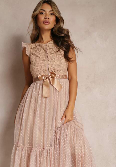 Beżowa Taliowana Sukienka z Tiulową Spódnicą i Górą z Koronki Darela