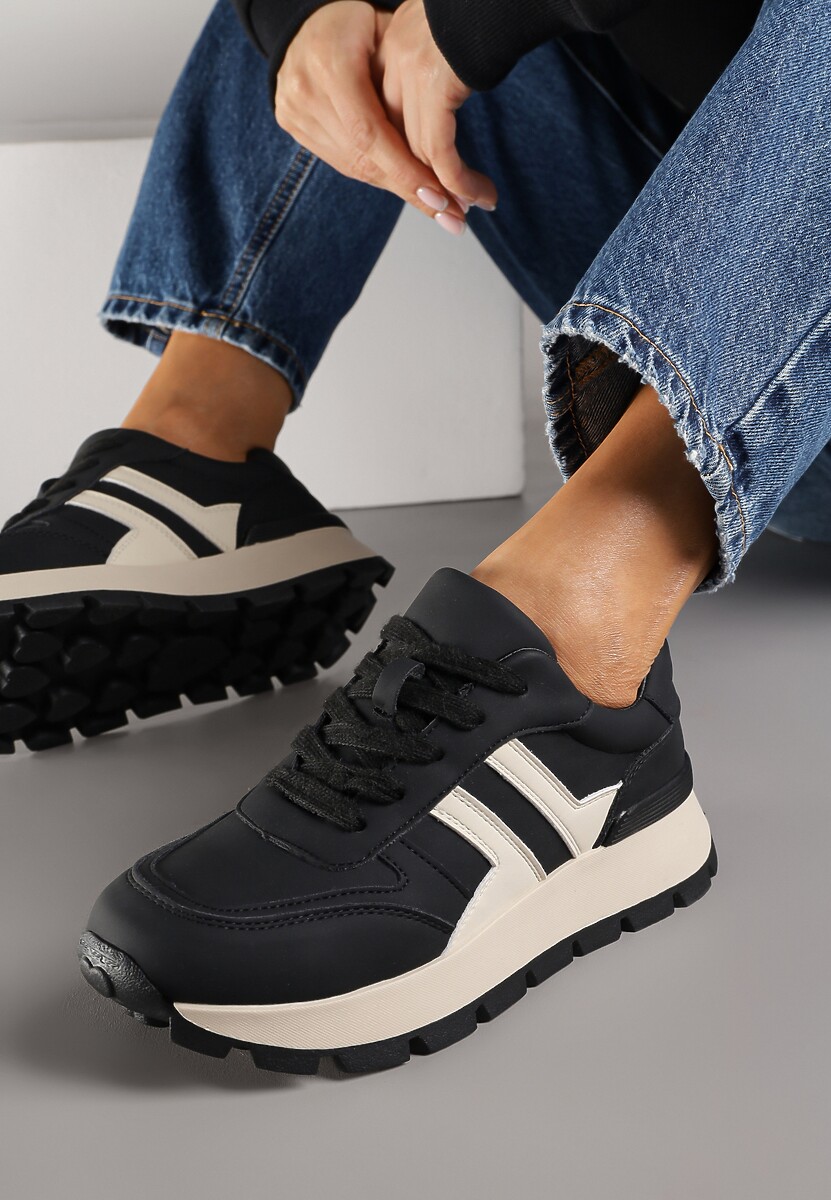 Czarno-Beżowe Sneakersy na Grubej Podeszwie Zdobione Przeszyciami Lulline