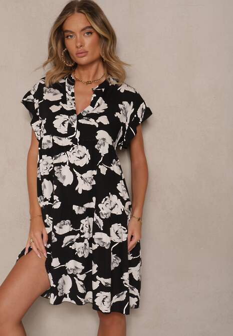 Czarna Sukienka z Bawełny Ozdobiona Kwiatami Liranea