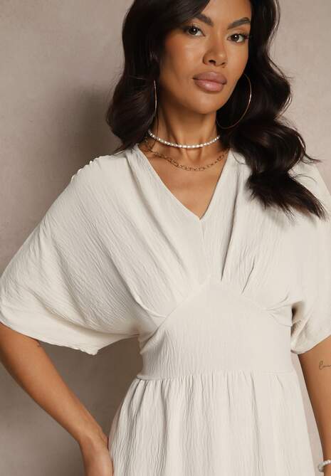 Jasnobeżowa Sukienka z Bawełną i Marszczoną Górą Filaviela