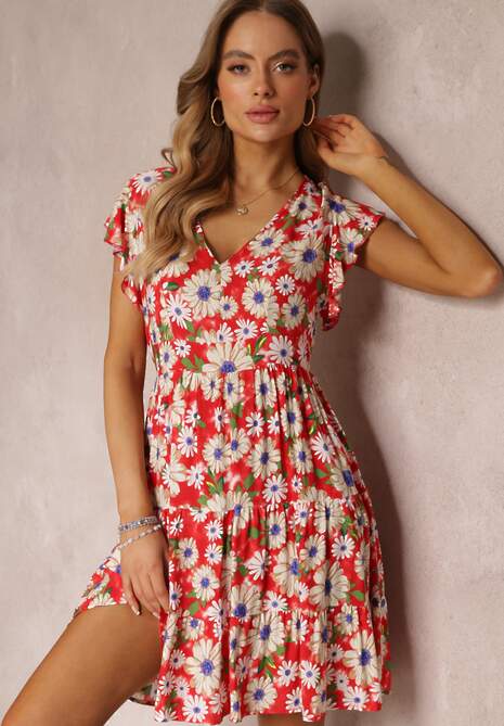 Czerwona Taliowana Sukienka Mini w Kwiaty z Gumką w Talii Teziovi