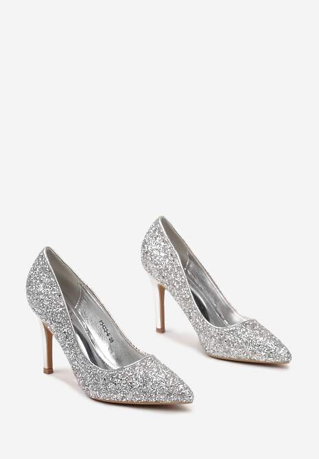 Srebrne Błyszczące Szpilki z Noskiem w Szpic i Kryształkami Mirar