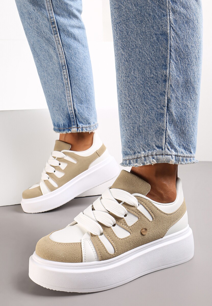 Ciemnobeżowe Sneakersy na Platformie z Szerokim Sznurowaniem Aklilu
