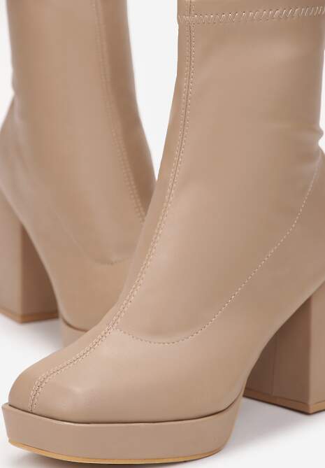 Ciemnobeżowe Dopasowane Botki na Geometrycznym Obcasie i Platformie Agriopa