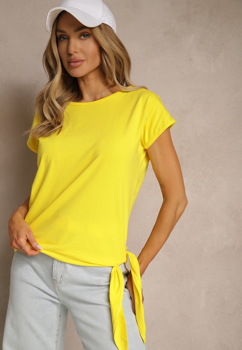 Zielony T-shirt z Bawełny z Ozdobnym Wiązaniem Termio