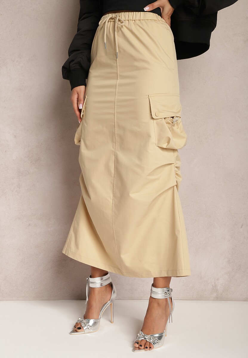 Beżowa Marszczona Spódnica Midi w Stylu Cargo z Gumką w Talii Gacieam