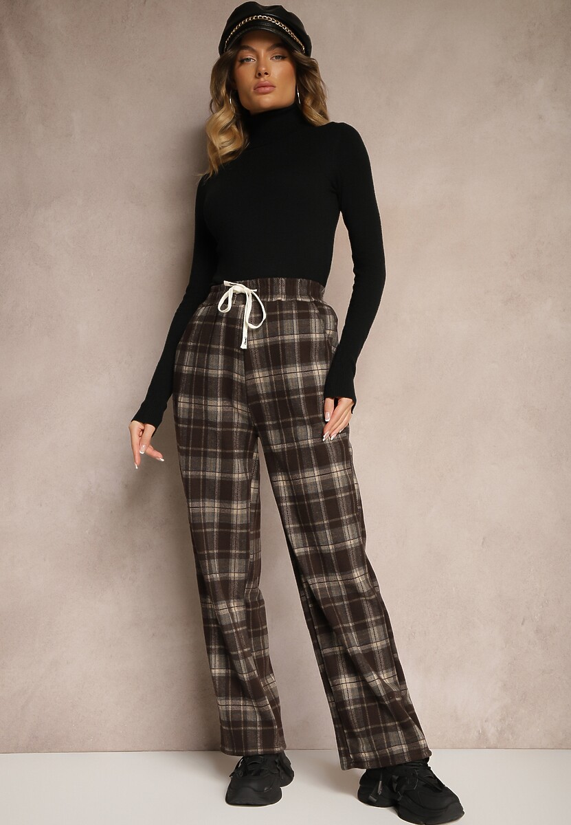 Brązowe Szerokie Spodnie w Kratkę Ocieplane z Gumką w Talii i Kieszeniami Sanavira