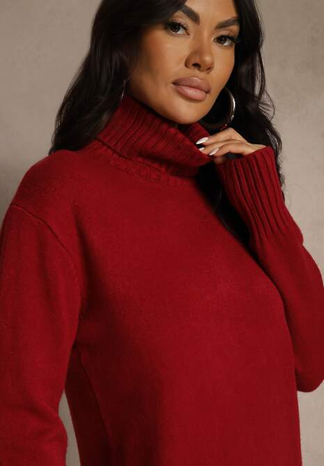 Bordowa Sweterkowa Sukienka z Bawełną i Golfem Reinaria