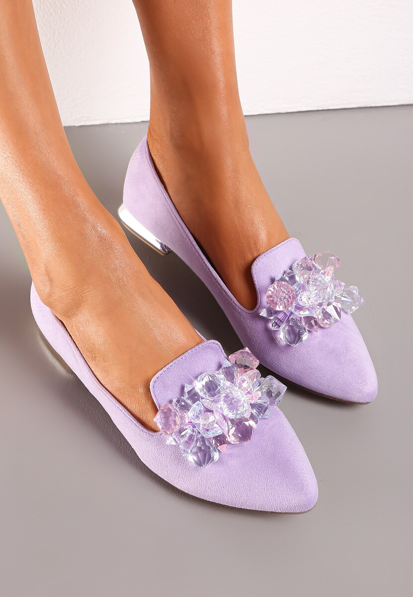Fioletowe Mokasyny na Ozdobnym Obcasie z Kryształkami Monse
