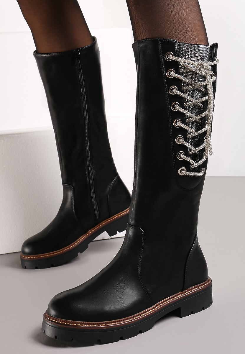 Czarne Kozaki z Cholewką Przed Kolano i Wiązaniem ze Sznurowadeł z Cyrkoniami Suvella