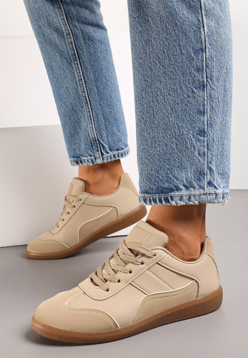 Ciemnobeżowe Sneakersy z Ozdobnymi Przeszyciami przed Kostkę Redala