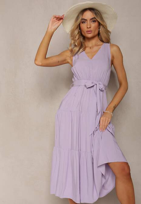 Fioletowa Wiązana Sukienka Midi bez Rękawów z Gumką w Talii Mideyo