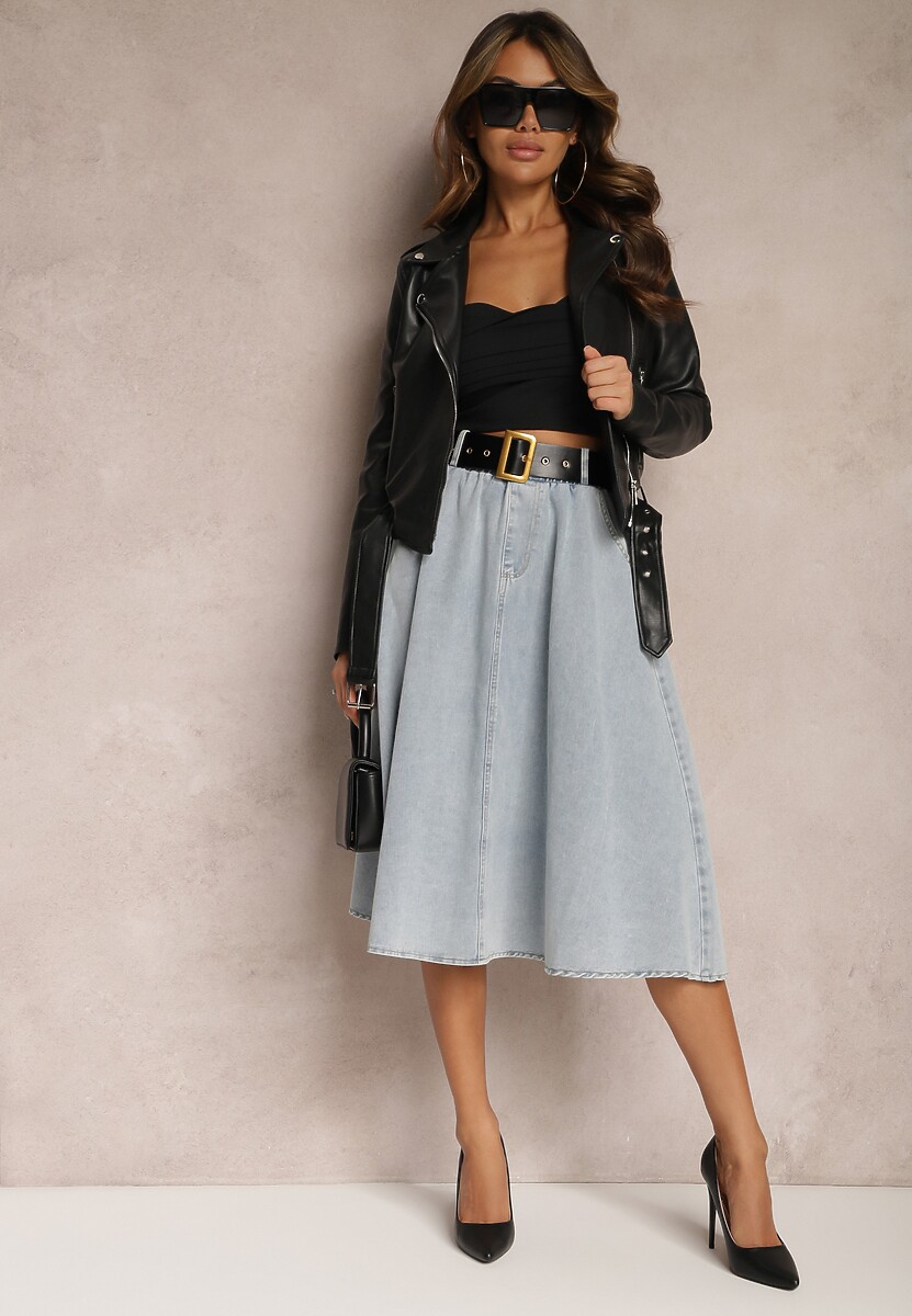 Czarna Rozkloszowana Spódnica Jeansowa Midi z Paskiem Wendlla