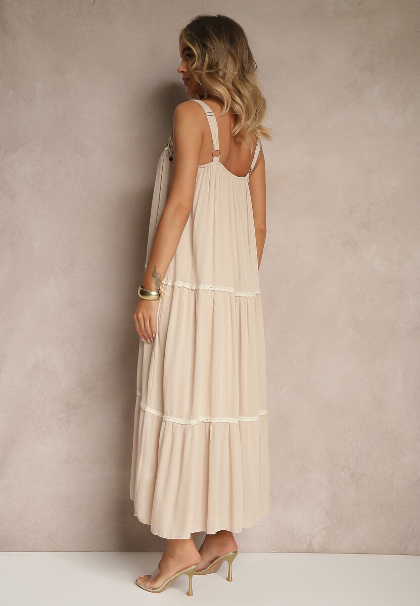 Beżowa Rozkloszowana Sukienka z Wiskozy z Metalicznymi Aplikacjami Sevinda