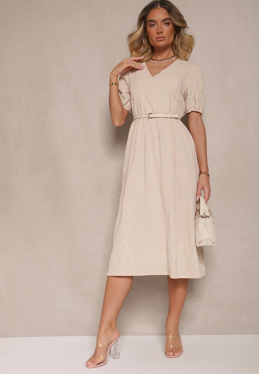 Jasnobeżowa Rozkloszowana Sukienka z Bawełny w Stylu Boho z Haftowanymi Zdobieniami Lannilsa