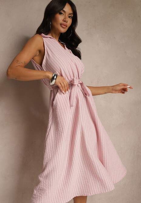Różowa Koszulowa Sukienka Bez Rękawów z Wiązanym Paskiem Lideene