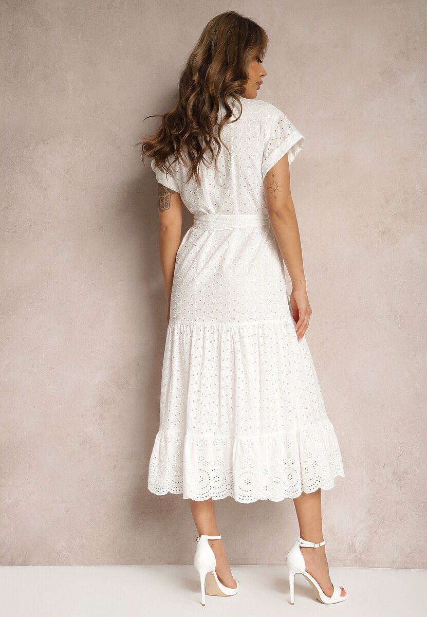 Biała Koszulowa Sukienka z Ażurowej Bawełny Wiązana w Talii Lulilena