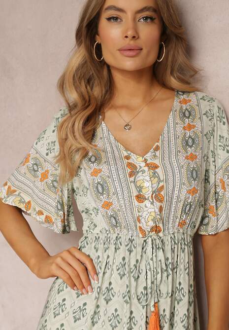 Miętowa Sukienka Maxi z Krótkim Rękawem i Gumką w Talii Emaya