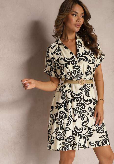 Beżowo-Czarna Boho Sukienka z Koszulową Górą z Trójkątnym Dekoltem i Ornamentalnym Wzorem Tonetta