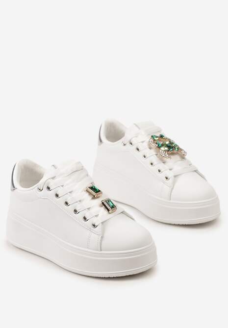Biało-Zielone Sneakersy z Platformą i Odpinanymi Biżuteryjnymi Aplikacjami na Sznurówkach Tamaki
