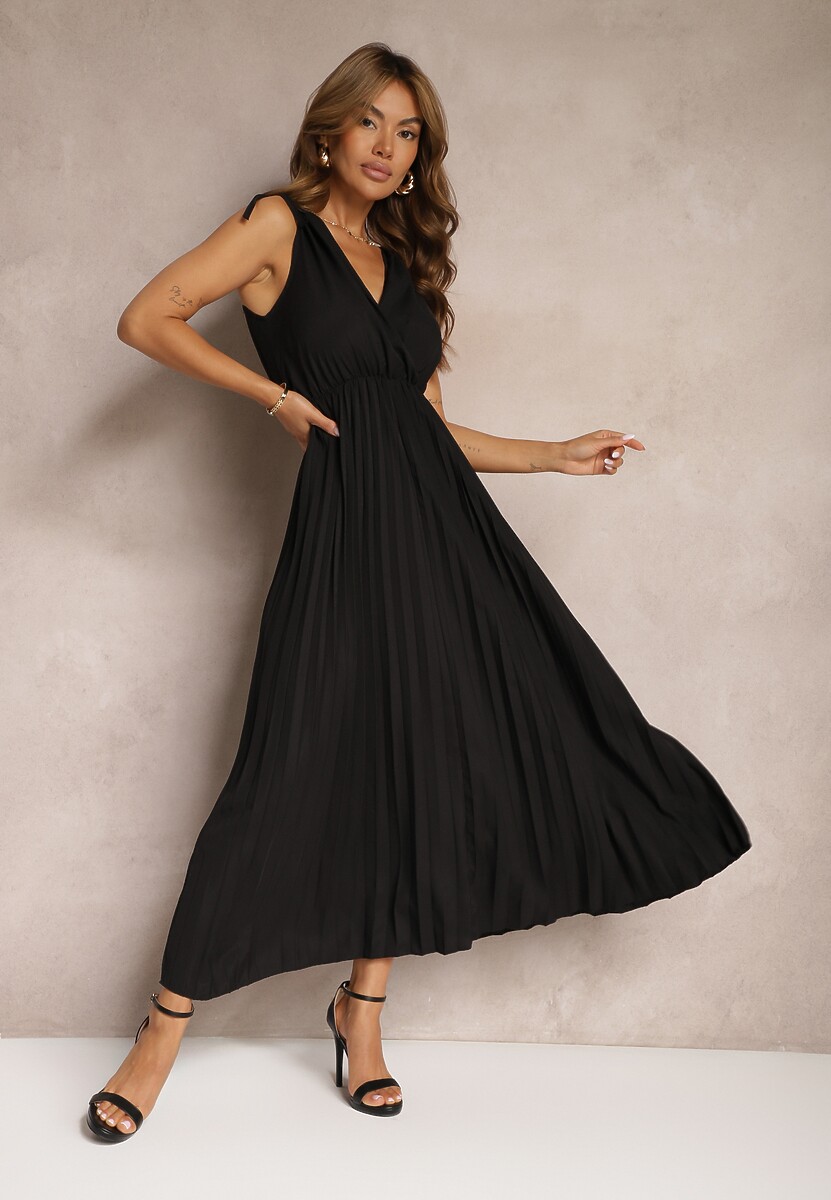 Czarna Rozkloszowana Sukienka Plisowana z Wiskozą i Bawełną Wykończona Gumką w Talii Yefia