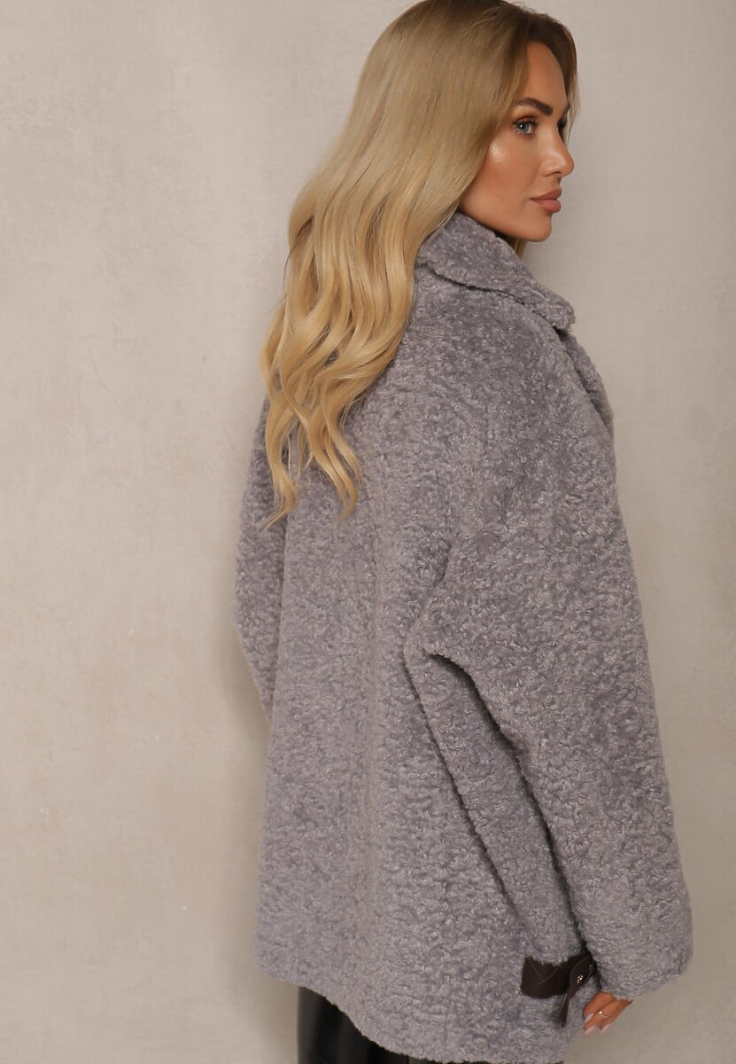 Szara Dwurzędowa Kurtka Futerkowy Płaszcz z Dodatkowymi Rękawiczkami Hetirra