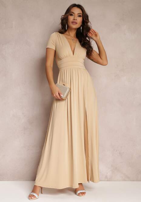 Beżowa Sukienka Maxi z Rozkloszowanym Dołem i Rozcięciem Zarya