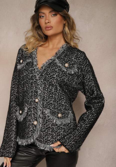 Czarny Rozpinany Kardigan z Wiskozą Ozdobiony Frędzlami i Metaliczną Nitką Fezirae