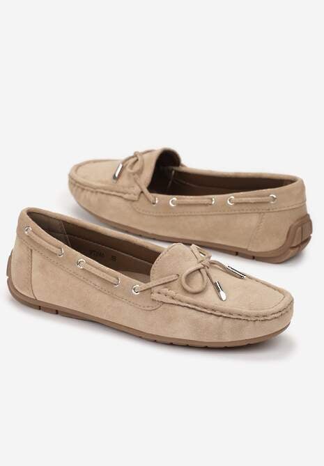Ciemnobeżowe Mokasyny z Cholewką przed Kostkę z Przeszyciami i Ozdobną Kokardką Yaledia