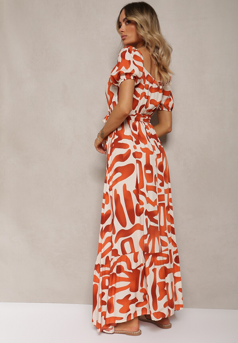 Pomarańczowa Sukienka z Wiskozy z Trójkątnym Dekoltem i Gumką w Pasie z Materiałowym Paskiem Viketa