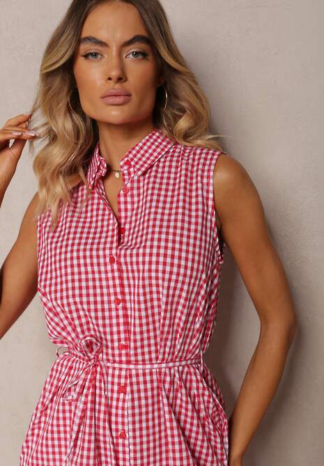Czerwona Wiskozowa Sukienka o Koszulowym Kroju z Paskiem w Talii Rivaelles