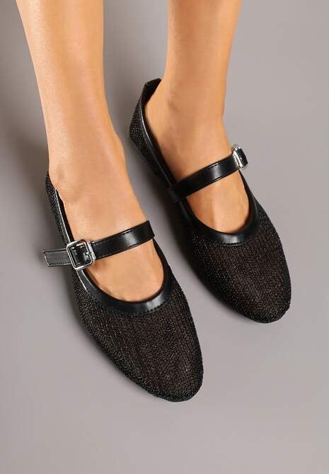 Czarne Balerinki Vices w Stylu Mary Jane z Siateczki z Metalicznym Połyskiem Kolarilia