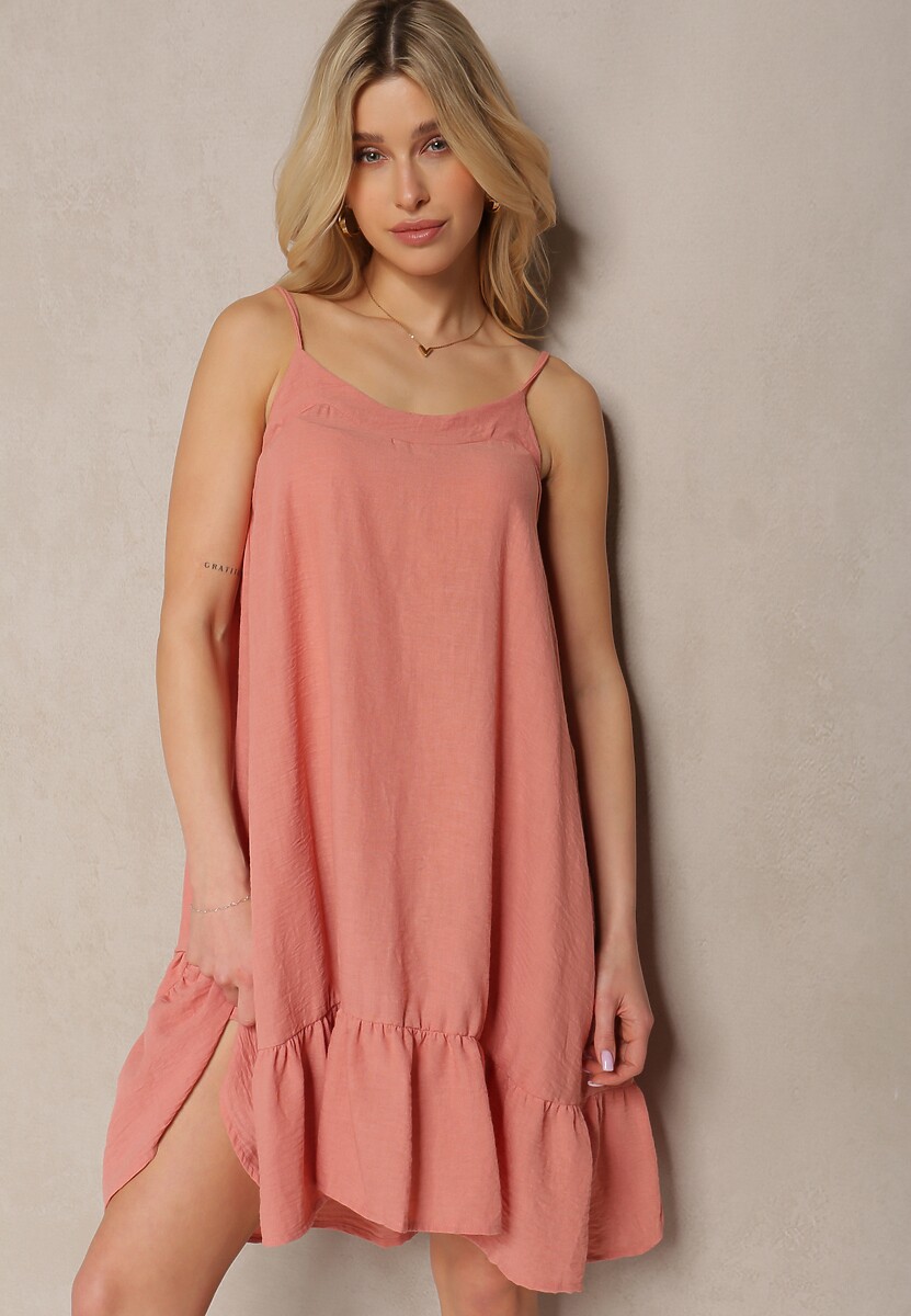 Jasnozielona Sukienka na Ramiączkach o Rozkloszowanym Kroju z Wiązaniem z Tyłu i Falbanką Palara