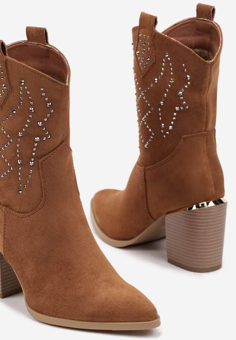 Brązowe Botki na Słupku w Stylu Kowbojek Irilianne
