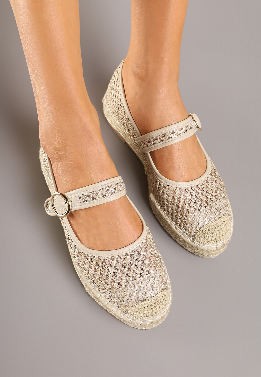 Beżowe Espadryle z Plecionki z Ozdobnym Noskiem Sprzączką i Wkładką ze Skóry Eranwena