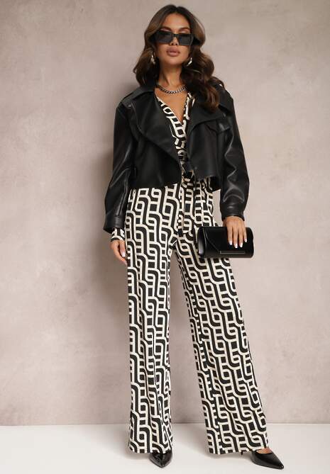 Beżowo-Czarny Luźny Kombinezon z Wiązanym Paskiem w Geometryczny Wzór Elanihera