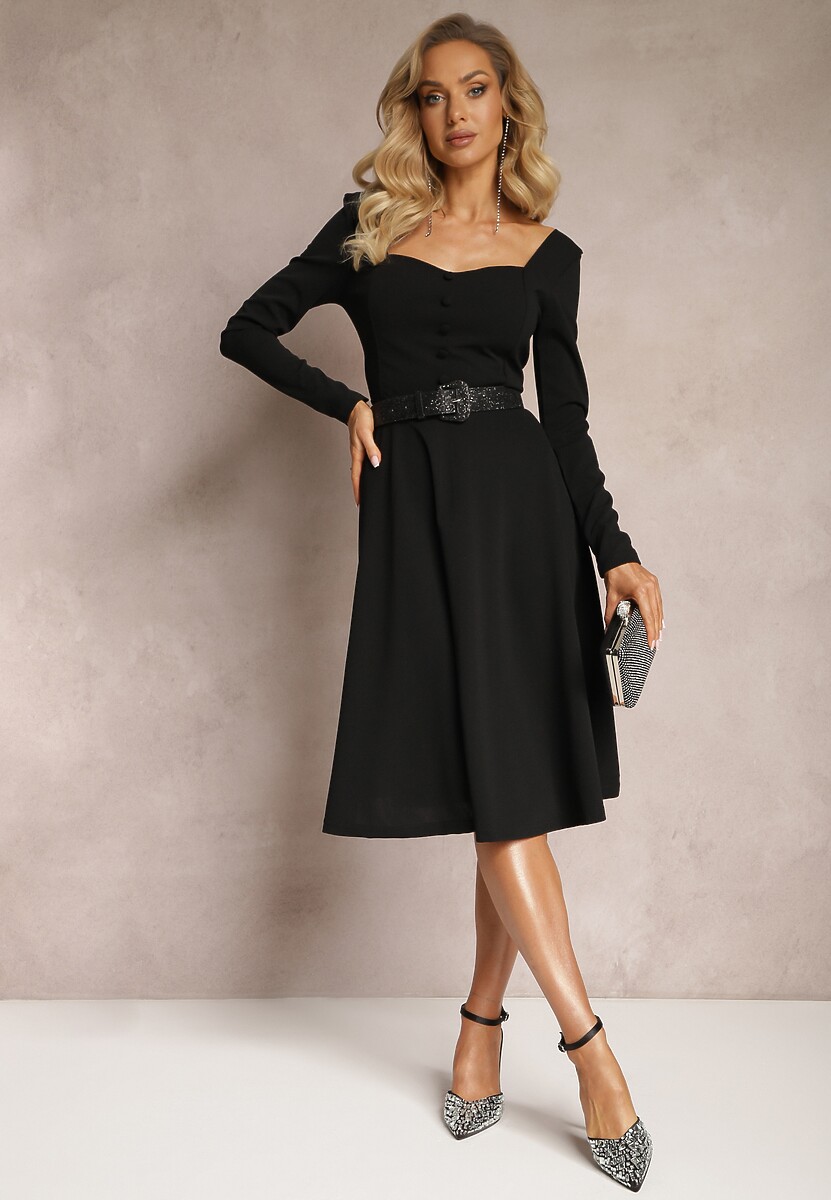 Czarna Rozkloszowana Sukienka Midi z Guzikami i Głębokim Dekoltem Salaria