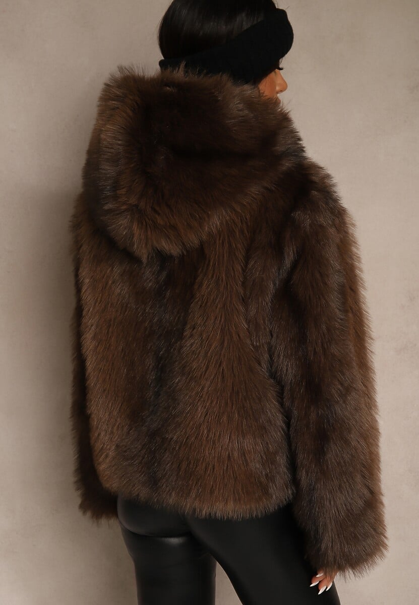 Brązowa Kurtka Futerko z Nieodpinanym Kapturem Tusnema