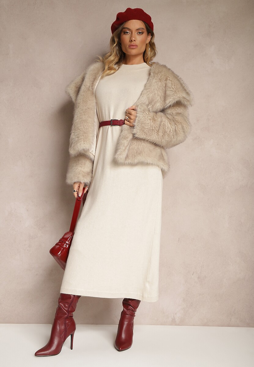 Jasnobeżowa Pudełkowa Sukienka z Dzianiny z Wiskozą Maziala