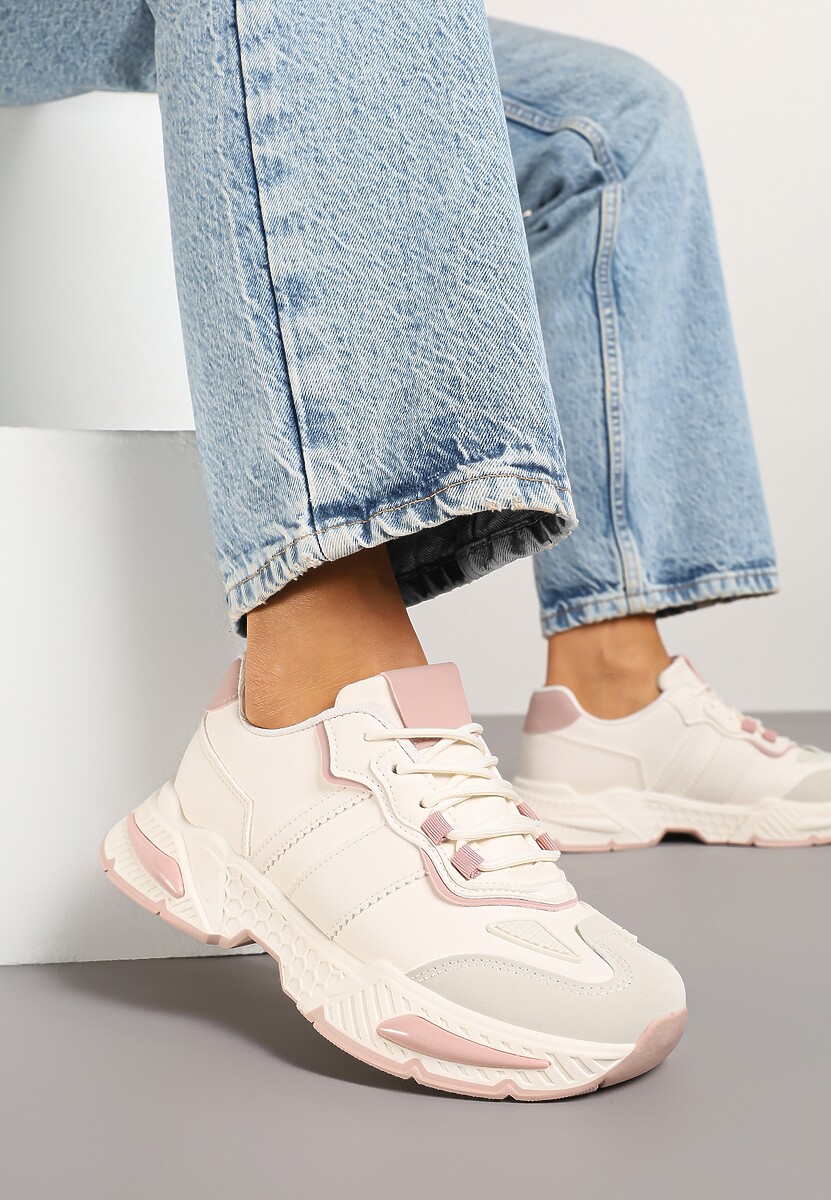 Beżowo-Różowe Sneakersy w Streetwearowym Stylu z Ozdobnymi Przeszyciami Isallena
