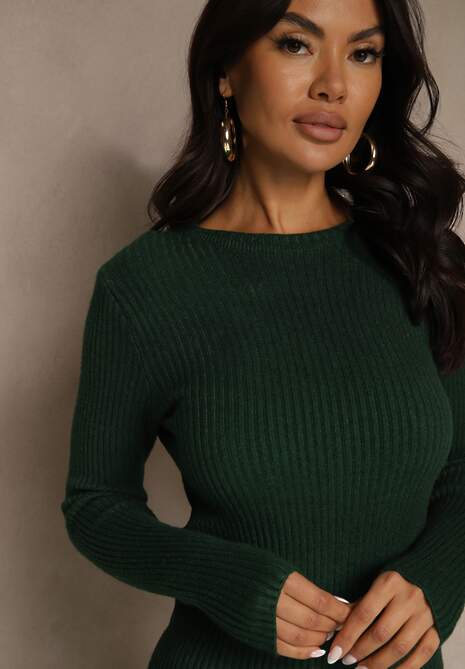 Ciemnozielona Prążkowana Sukienka z Dzianiny z Bawełną o Dopasowanym Kroju Tesoria