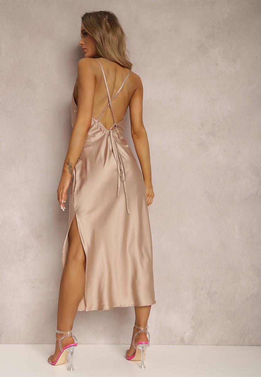 Beżowa Satynowa Sukienka Klepheithe
