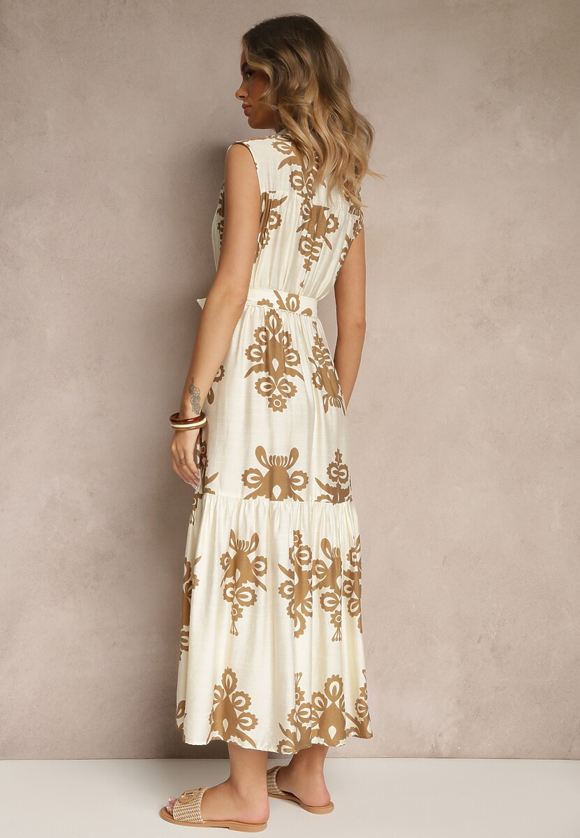 Jasnobeżowa Wiskozowa Sukienka o Rozkloszowanym Kroju z Wiązanym Paskiem Mirasela