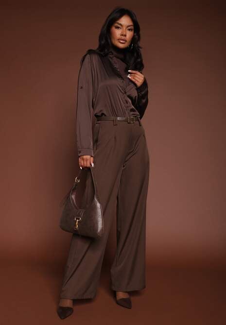 Brązowe Szerokie Spodnie Garniturowe Ozdobione Paskiem Cirrive