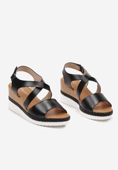 Czarne Casualowe Sandały na Koturnie na Rzep Ozdobione Plecionką Moonnera