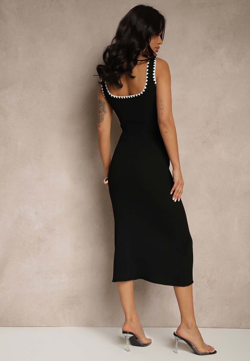 Czarna Taliowana Sukienka na Ramiączkach z Dzianiny z Ozdobnymi Lamówkami Ullimi