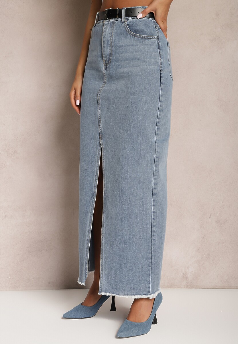 Niebieska Spódnica Jeansowa Maxi z Paskiem Mullese