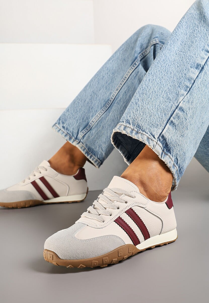 Beżowo-Bordowe Sneakersy z Ozdobnymi Paskami Atompia