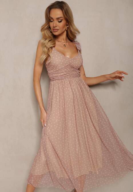 Ciemnoróżowa Sukienka Rozkloszowana na Cienkich Ramiączkach z Gumką w Pasie i Tiulem Cevalla