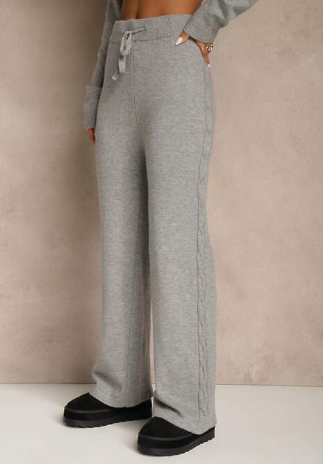 Szary Dzianinowy Komplet z Wełną Spodnie Wide Leg i Sweter Cropped Nezera